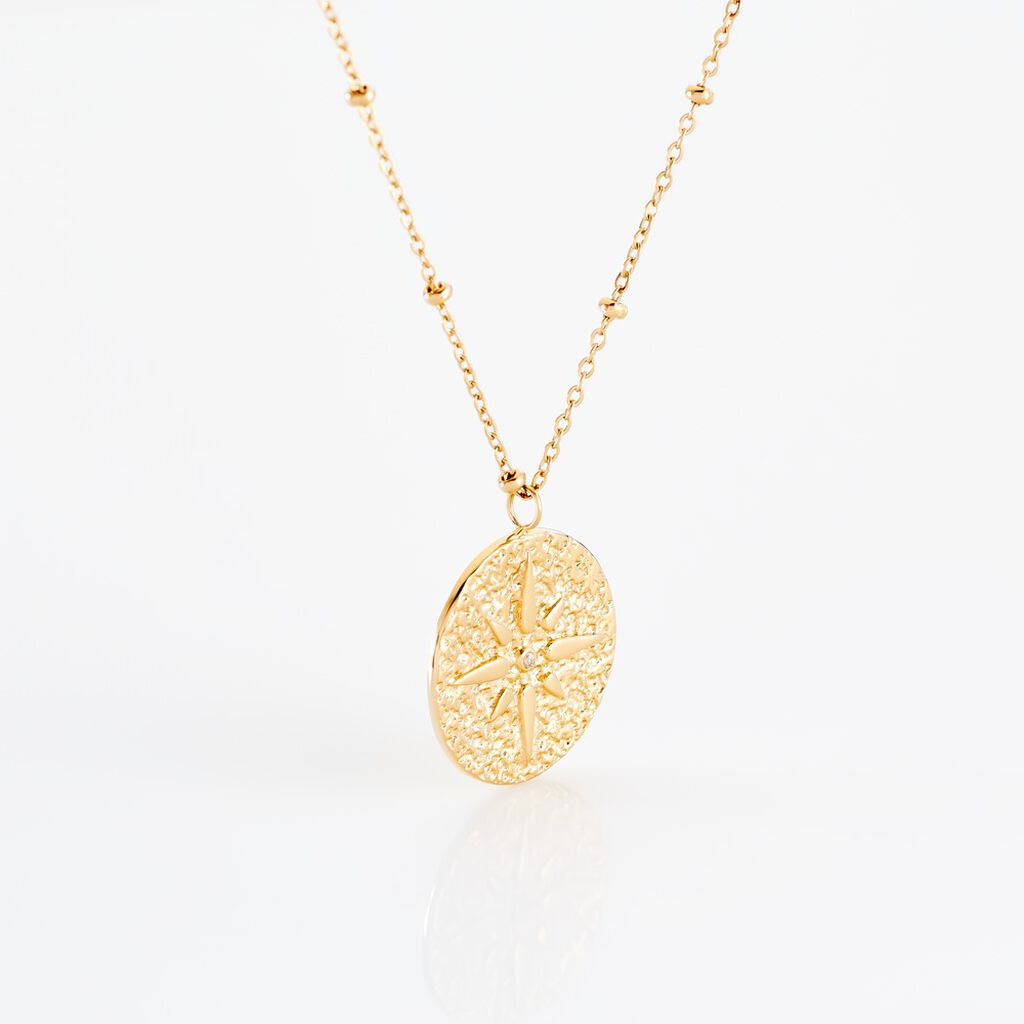 SIMONE Damen Collier Edelstahl vergoldet Zirkonia Wei&szlig; Kompass B 1,2 mm