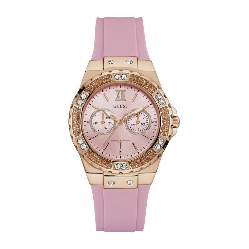 Multifunzione cassa in acciaio con cristalli e cinturino in silicone - quadrante rosa - Spannringe Damen | OROVIVO