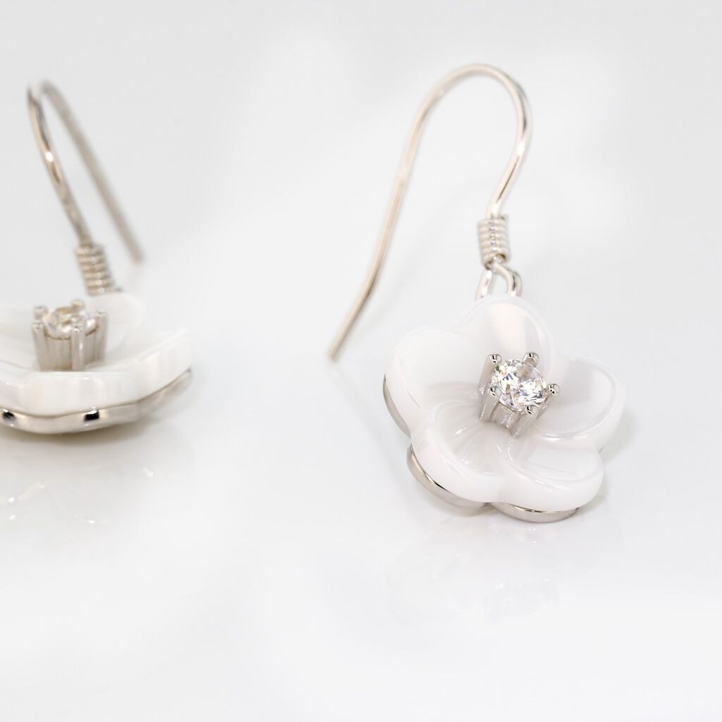 Boucles D'oreilles Pendantes Argent Rhodie Harione Fleur Ceramique - Spannringe Damen | OROVIVO