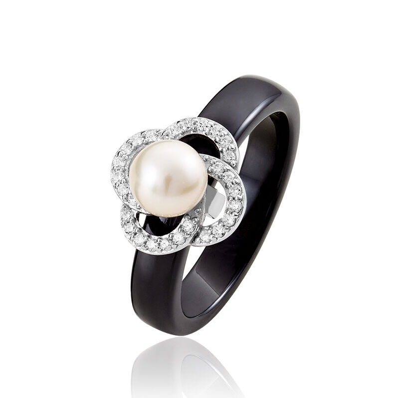 Bague Argent Gris Céramique Et Oxyde De Zirconium Et Perle De Culture - Spannringe Damen | OROVIVO