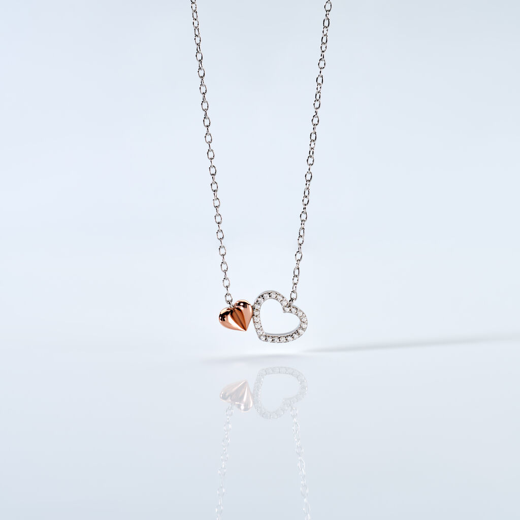 LIDA Damen Collier Silber Bicolor Silber/Ros&eacute;gold 925 Zirkonia Wei&szlig; Doppelherz