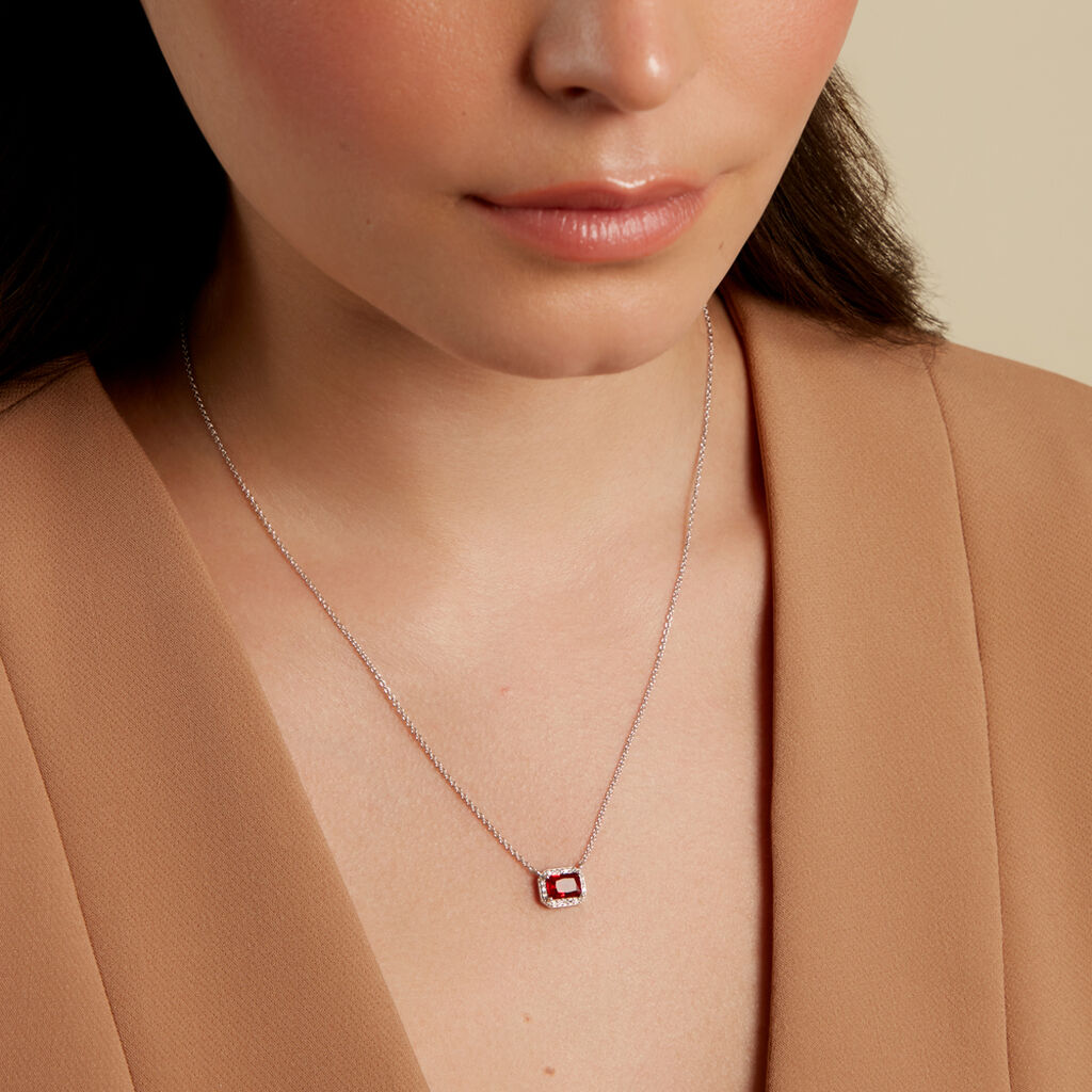 VELOURA Damen Collier Silber 925 Glas Rot 0,13 ct Rechteckig