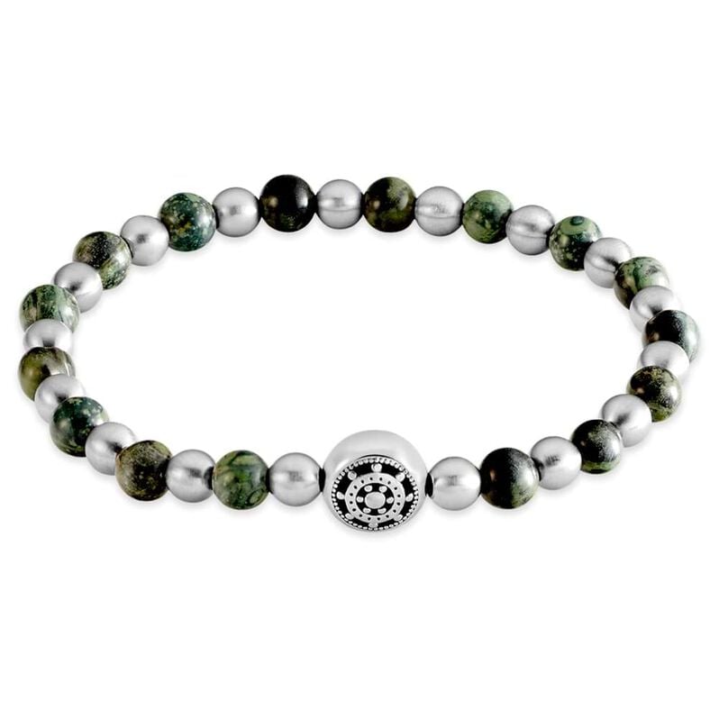 Bracciale elastico pietre verdi. grigie e blu con dettaglio timone acciaio - Spannringe Herren | OROVIVO