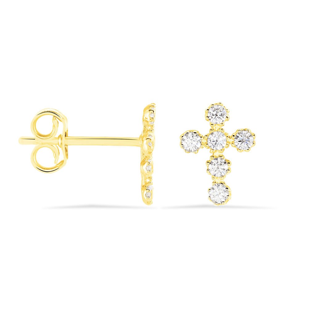 ENKE Damen Ohrstecker Gold 375 (9 Karat) Zirkonia Wei&szlig; 1,55 ct Religi&ouml;ses Kreuz