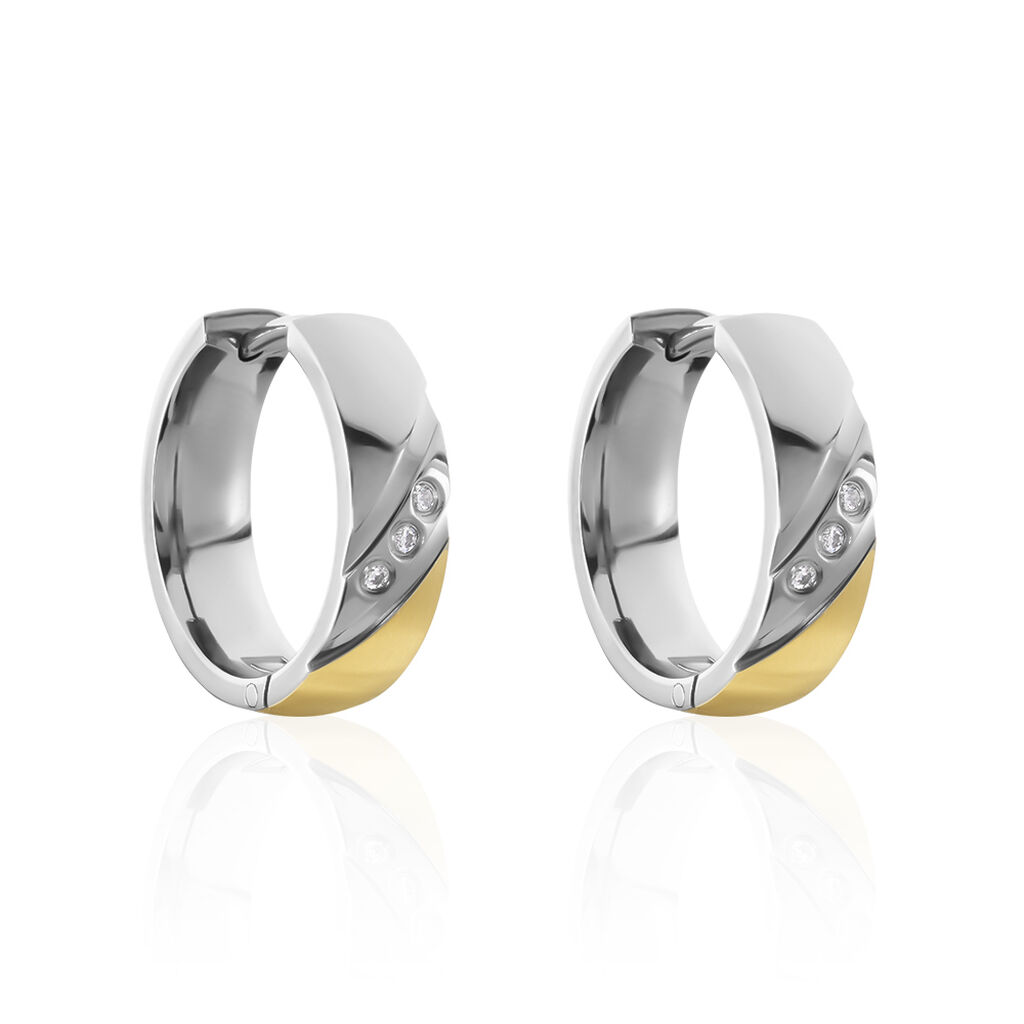 Damen Creolen Titan Bicolor Gelb/Silber Zirkonia Wei&szlig; B 5 mm