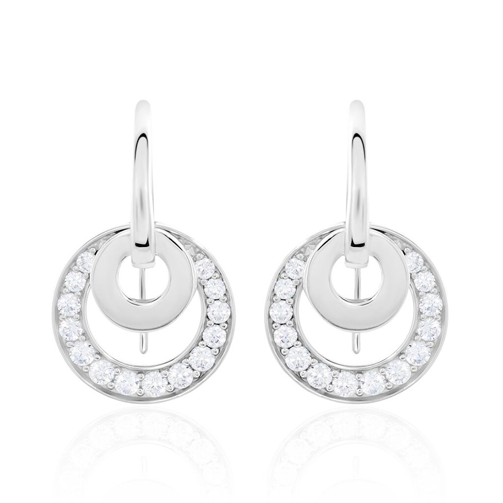 BE ROUND Damen Ohrringe Lang Silber 925 Zirkonia Wei&szlig; Doppelkreis B 14 mm