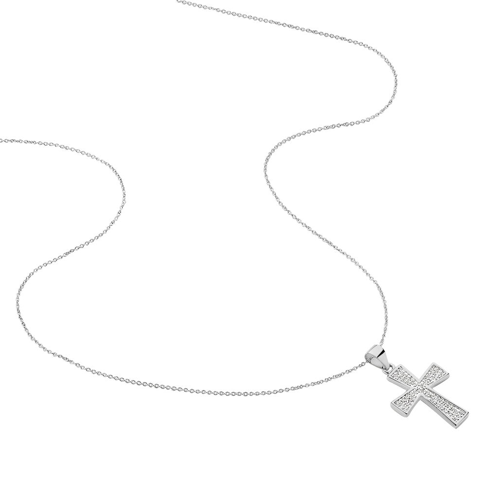 Damen Collier Silber 925 Zirkonia Wei&szlig; 0,23 ct Religi&ouml;ses Kreuz