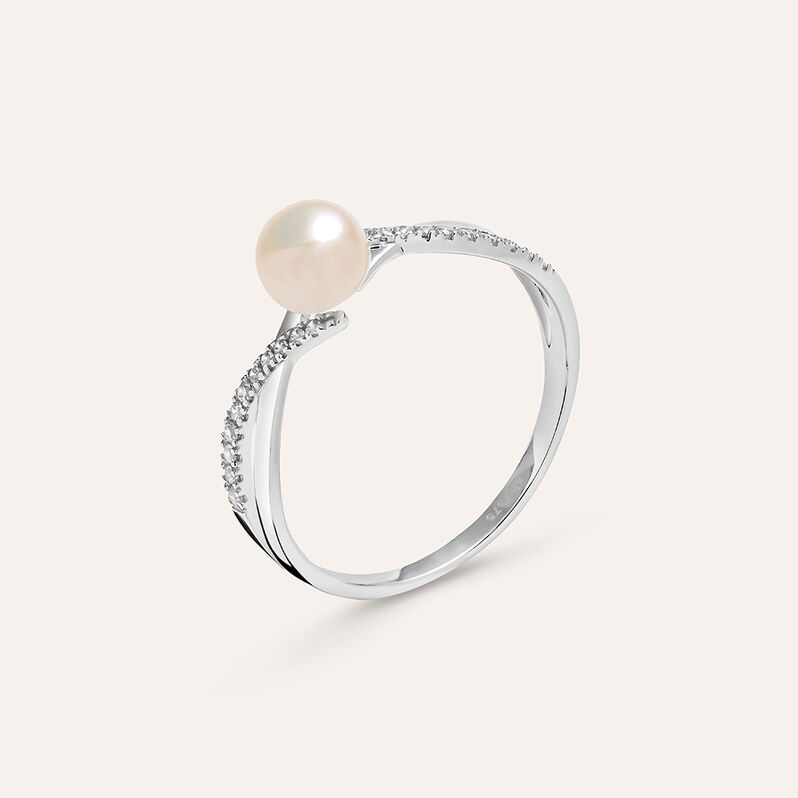 Anello Solitario Gabrielle Oro Bianco Perla D'Acqua Dolce Cubic Zirconia - Spannringe Damen | OROVIVO