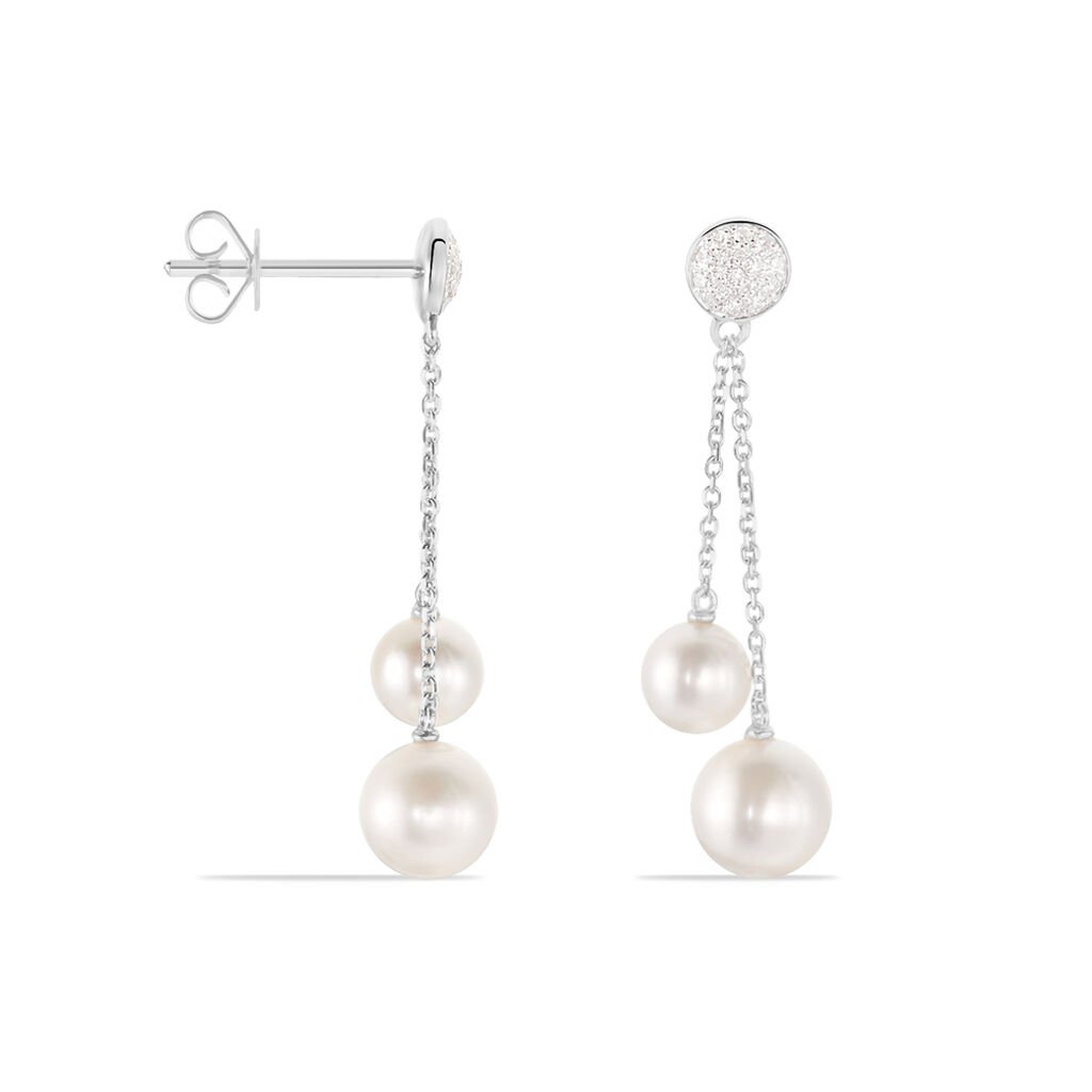 RITA 3 Damen Ohrringe Lang Wei&szlig;gold 375 (9 Karat) Zuchtperle Perlmutt