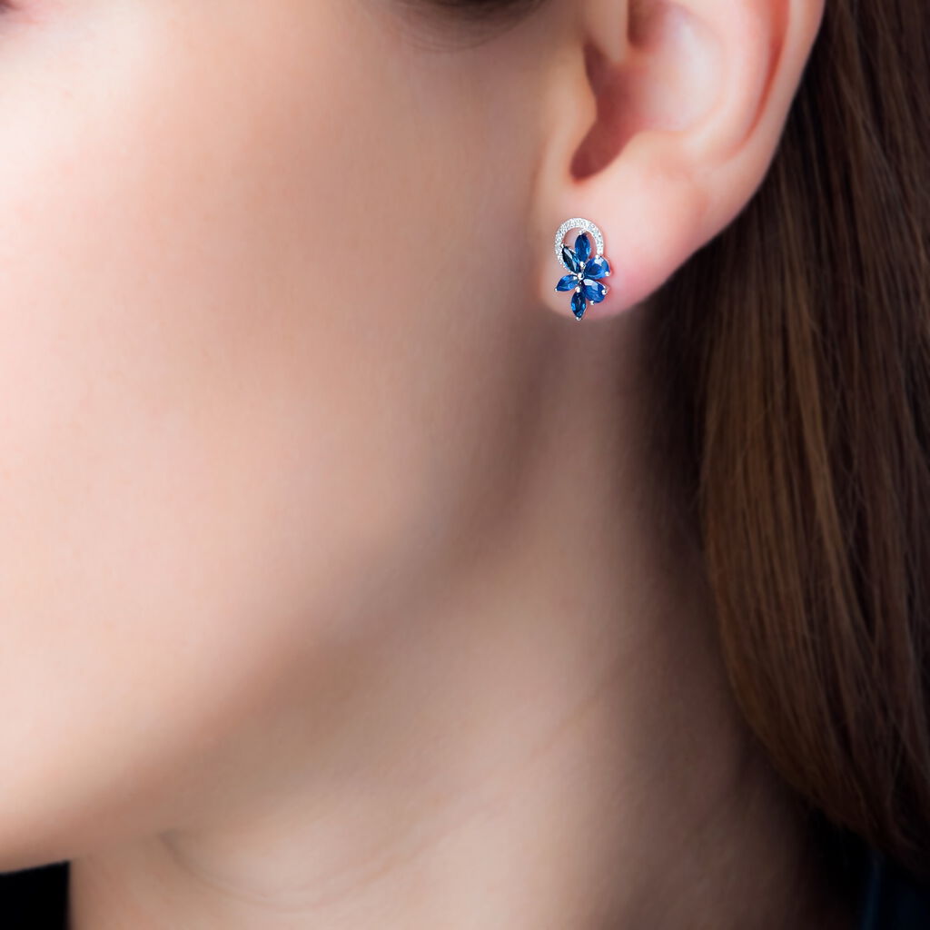 Boucles D'oreilles Puces Bouquet Or Blanc Saphir Et Diamant - Spannringe Damen | OROVIVO