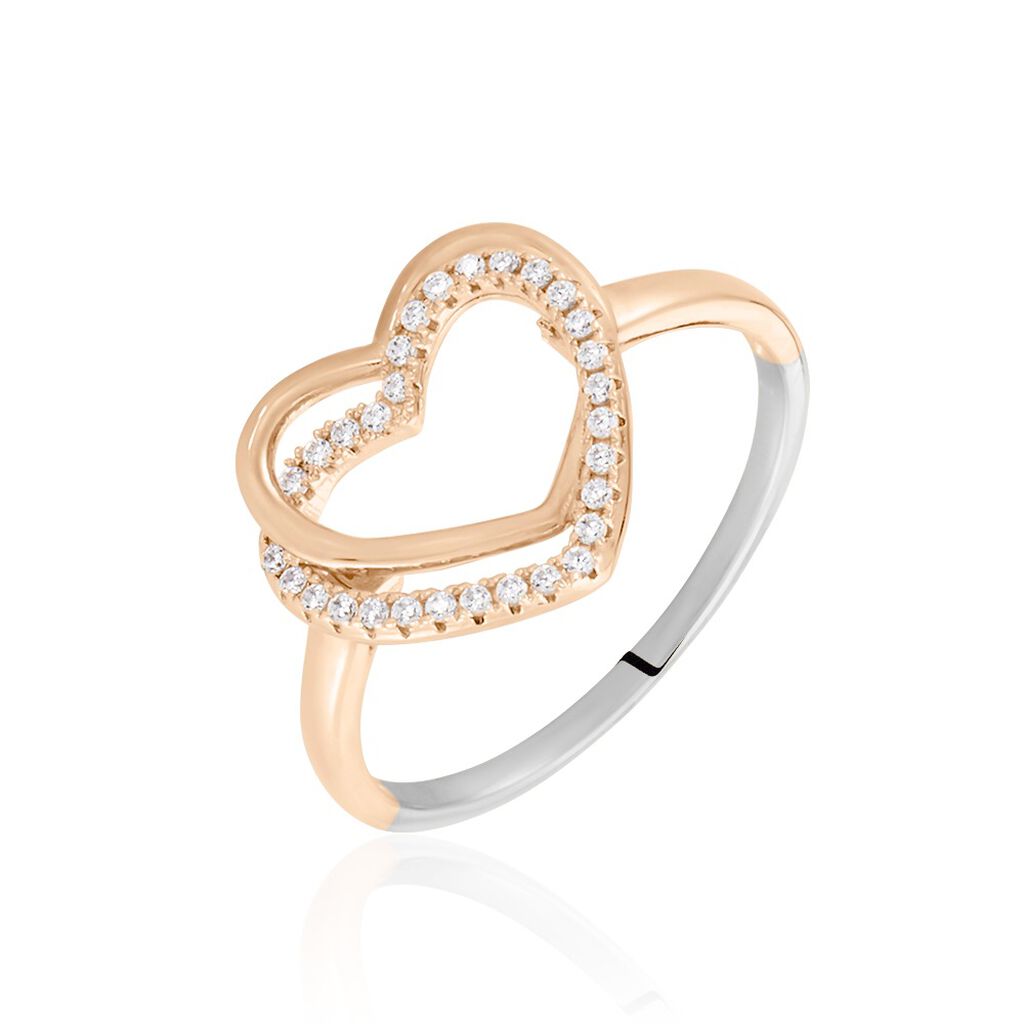 Damen Ring Silber Bicolor Silber/Roségold 925 Zirkonia Weiß Herz B 12,6 mm, Ring mit Stein