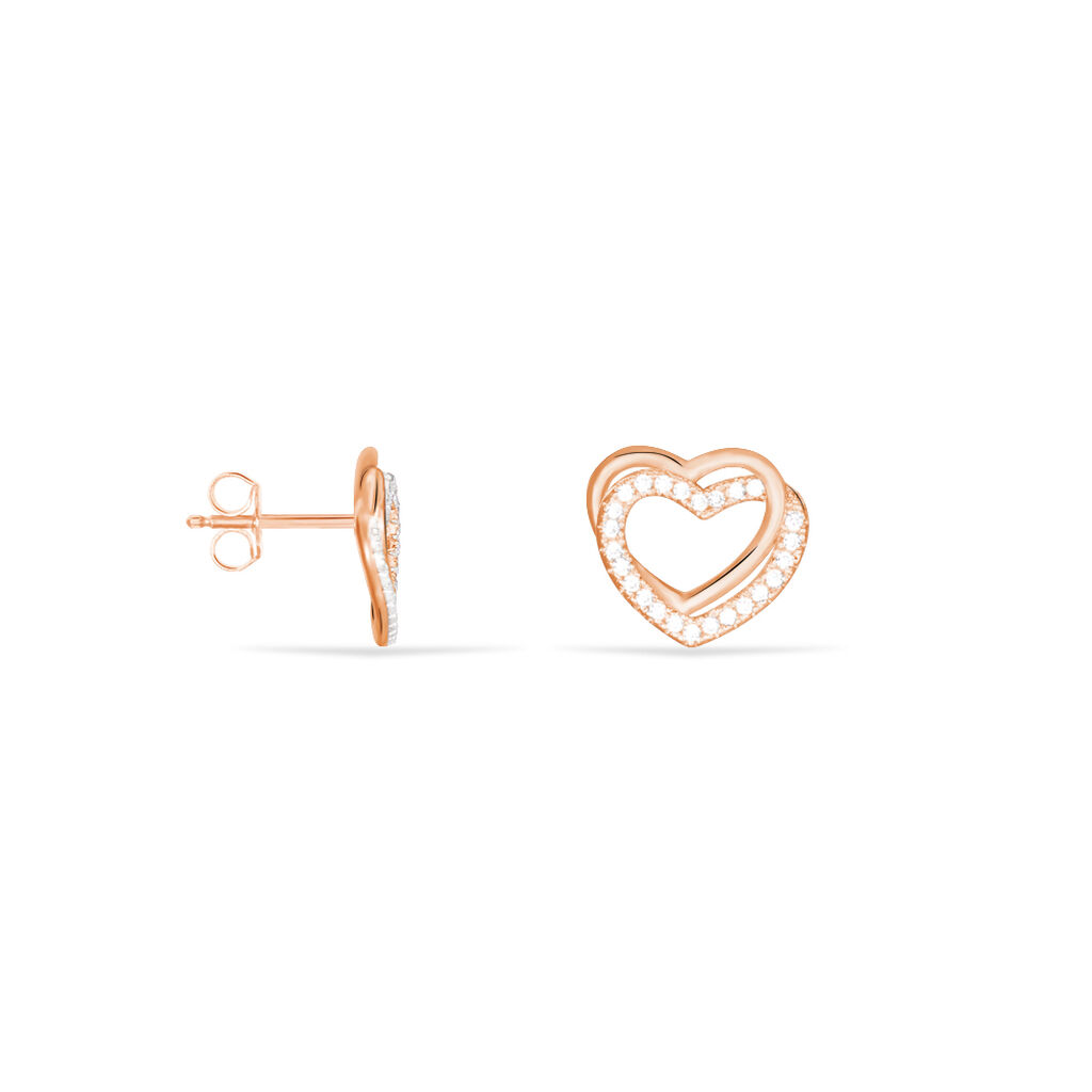 EMONA Damen Ohrstecker Silber rosevergoldet 925 Zirkonia Wei&szlig; Doppelherz