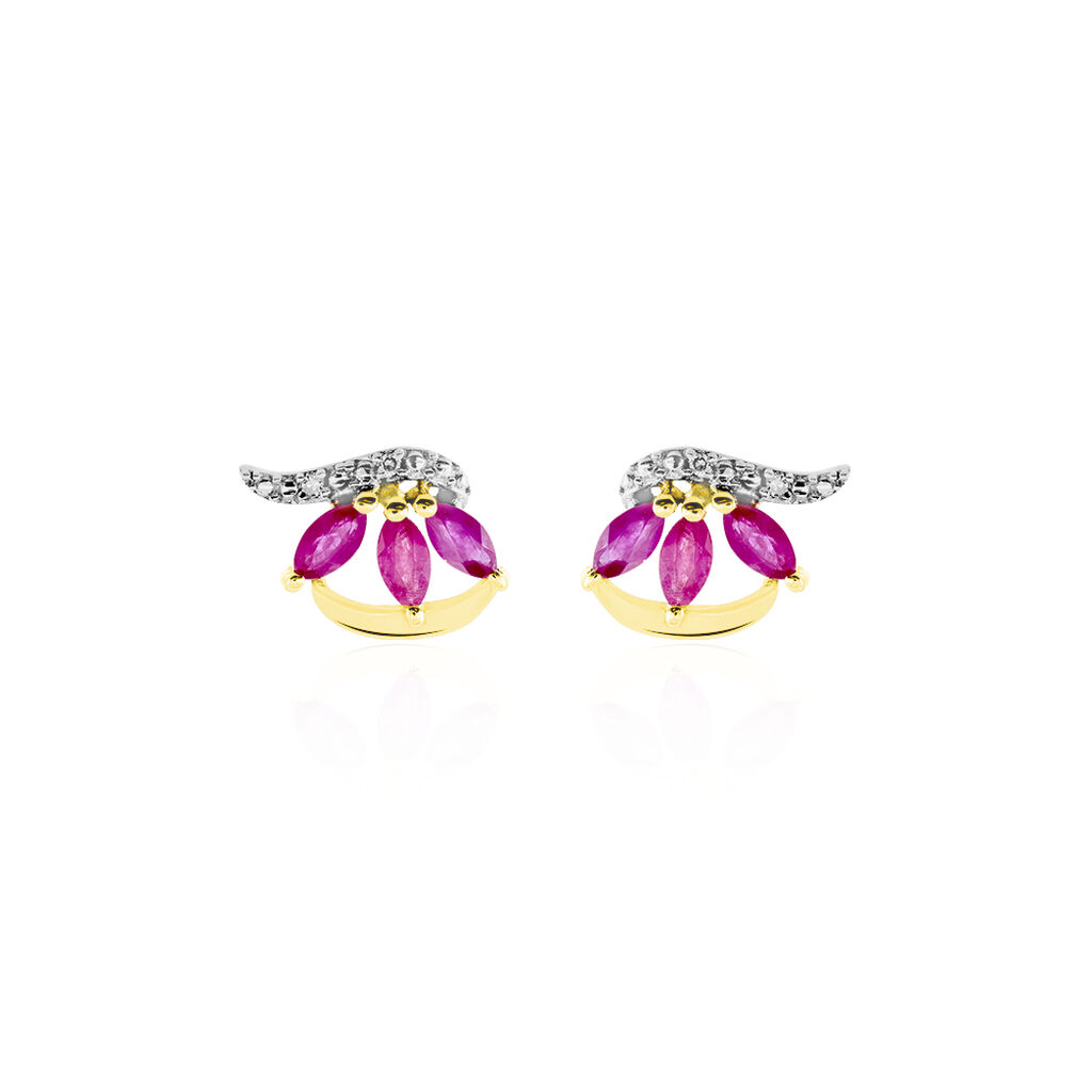 Boucles D'oreilles Puces Petale Or Bicolore Rubis Et Diamant - Spannringe Damen | OROVIVO