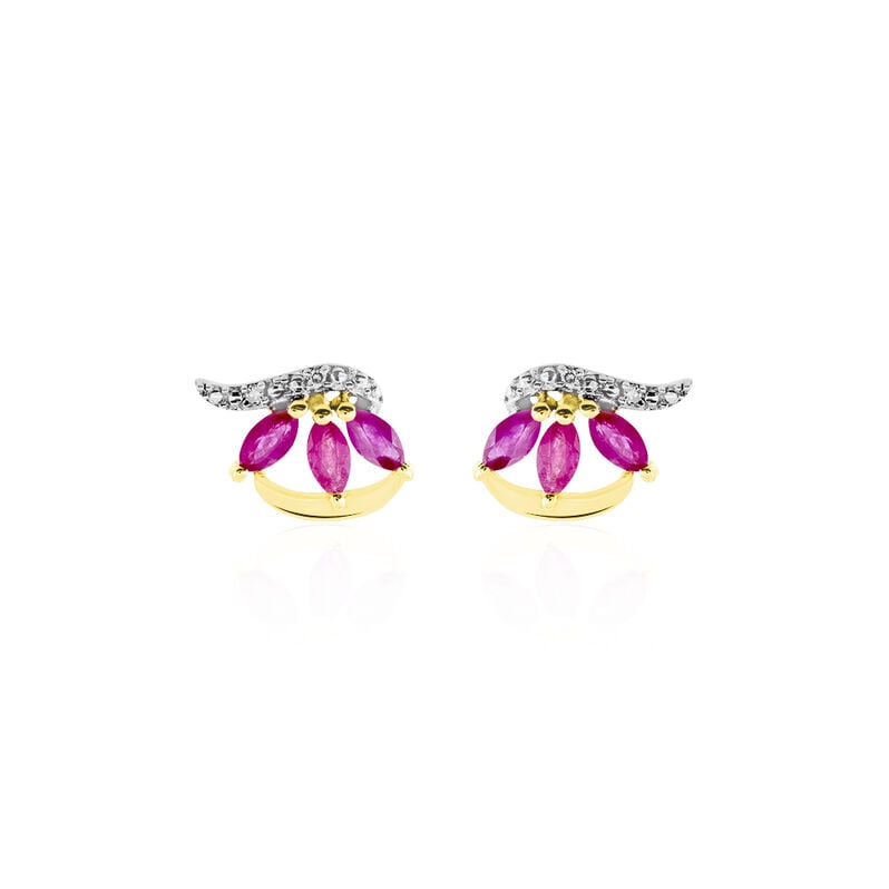 Boucles D'oreilles Puces Petale Or Bicolore Rubis Et Diamant - Spannringe Damen | OROVIVO