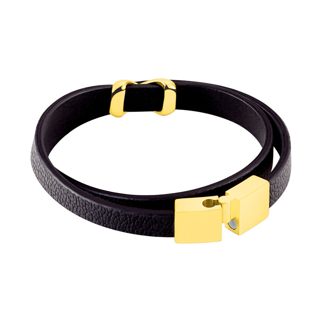 Bracelet Double Tour Cuir De Veau Noir Et Acier Dore Leatus Croix - Spannringe Damen | OROVIVO