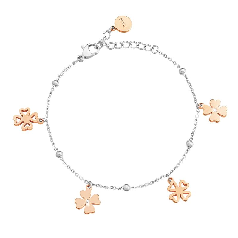 Bracciale charms quadrifoglio in acciaio bicolore e cristalli - Spannringe Damen | OROVIVO