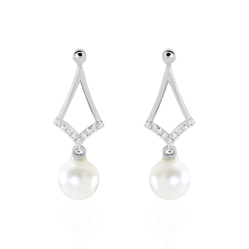 Boucles D'oreilles Pendantes Or Blanc Princess Perles Diamants - Spannringe Damen | OROVIVO