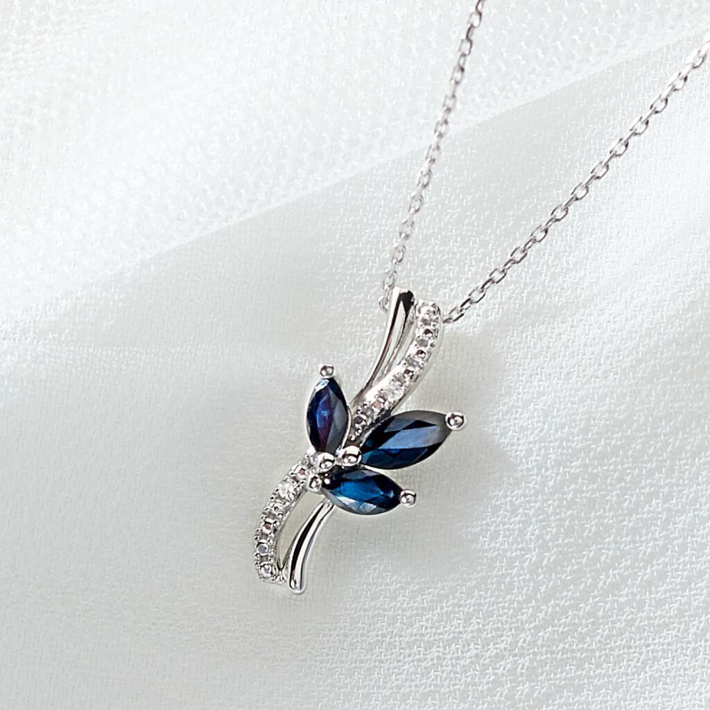 ANGIE Damen Collier Wei&szlig;gold 375 (9 Karat) Saphir Blau 0,01 ct Welle