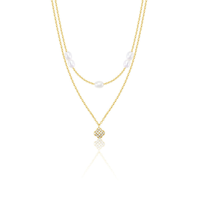 Angelina Damen Collier Silber vergoldet 925 Zuchtperle Weiß 3,75 ct Blume B 1,2 mm - Halsketten Damen | OROVIVO