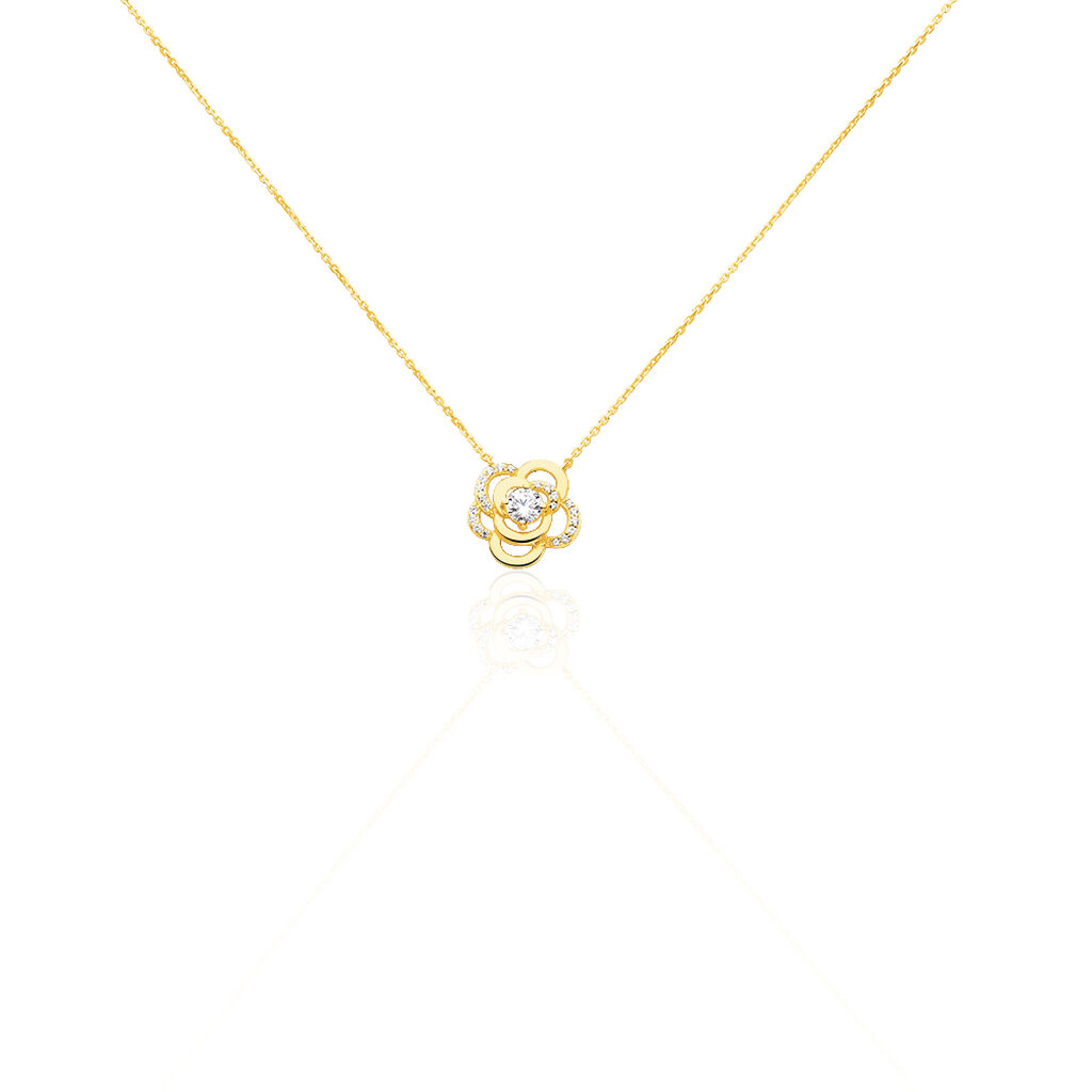 FLORA 2 Damen Collier Gold 375 (9 Karat) Zirkonia Weiß Blume, Collier mit Stein