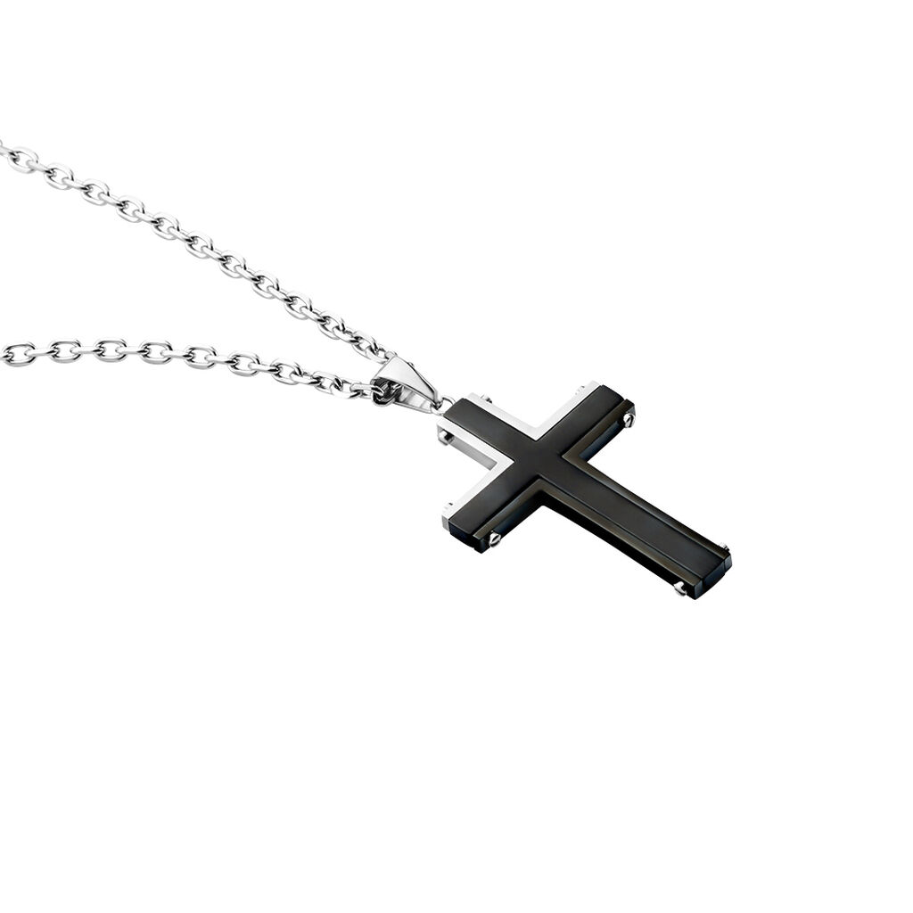 Herren Collier Edelstahl Bicolor Silber/Schwarz Religi&ouml;ses Kreuz B 3 mm