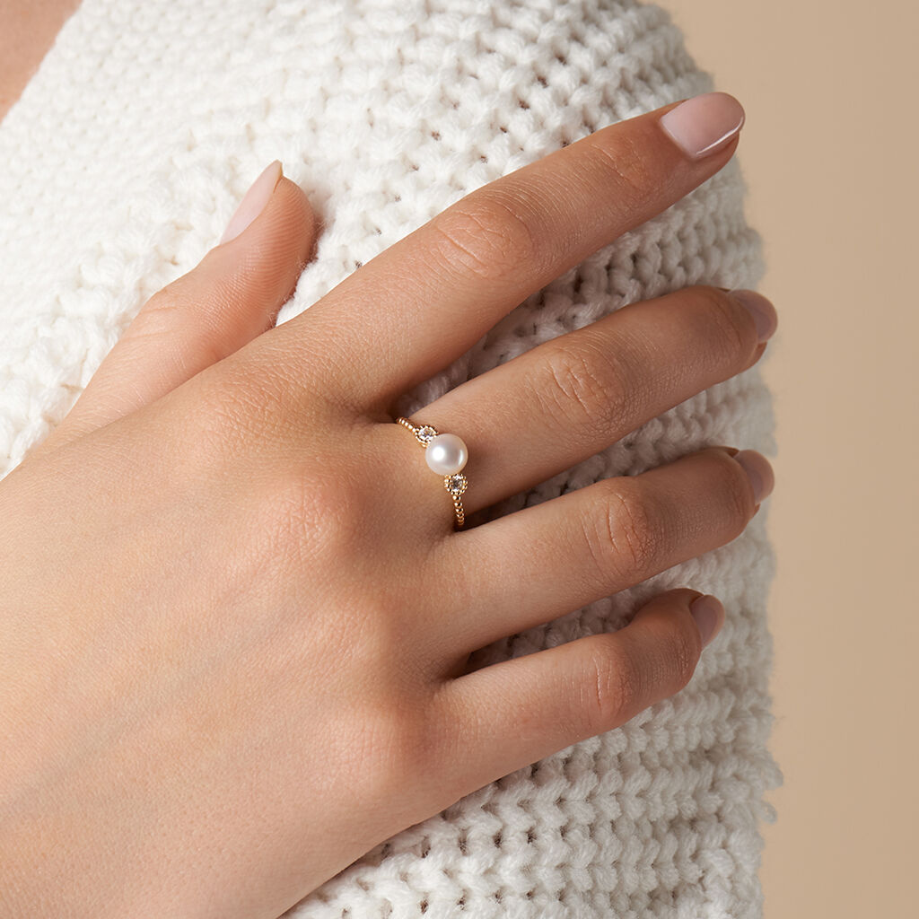 Damenring Gold 375 Zuchtperle Zirkonia Trilogie Harmony - Ringe mit Stein Damen | OROVIVO
