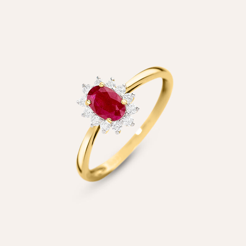 Anello Solitario Kate Charlotte Oro Giallo Rubino Diamante - Spannringe Damen | OROVIVO