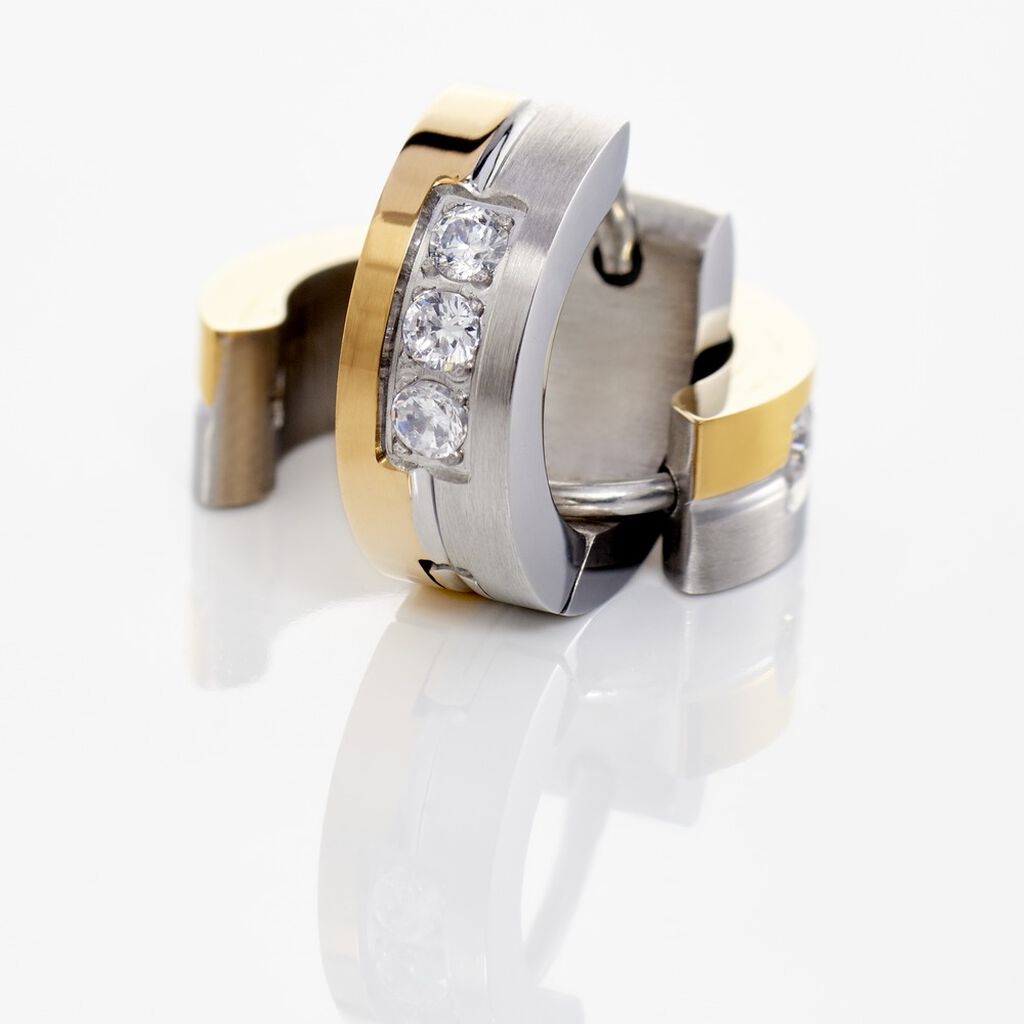 Andira Damen Creolen Edelstahl Bicolor Gold/Silber Synthetischer Stein Wei&szlig; 0,06 ct B 5 mm