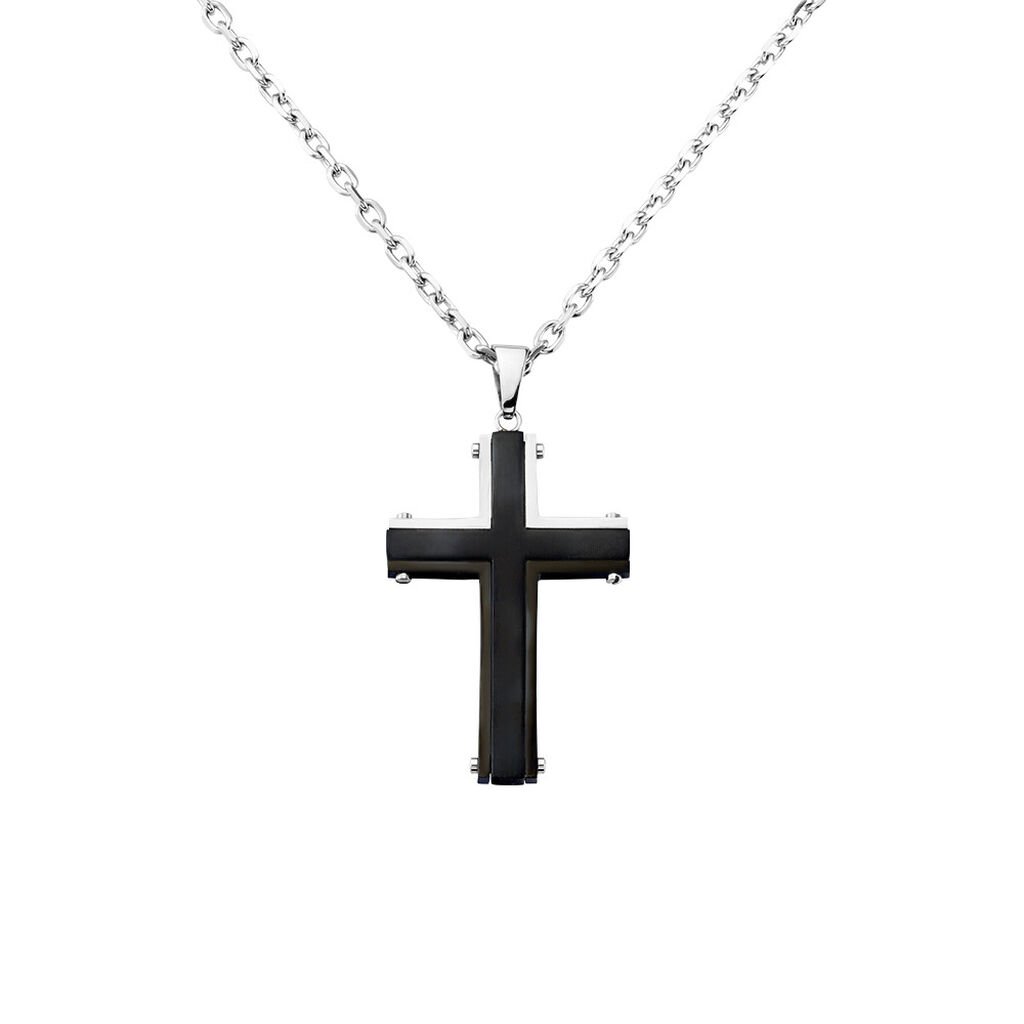 Herren Collier Edelstahl Bicolor Silber/Schwarz Religiöses Kreuz B 3 mm, Collier ohne Stein