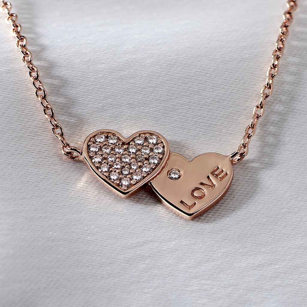 DORY Damen Collier Silber rosevergoldet 925 Zirkonia Wei&szlig; Doppelherz