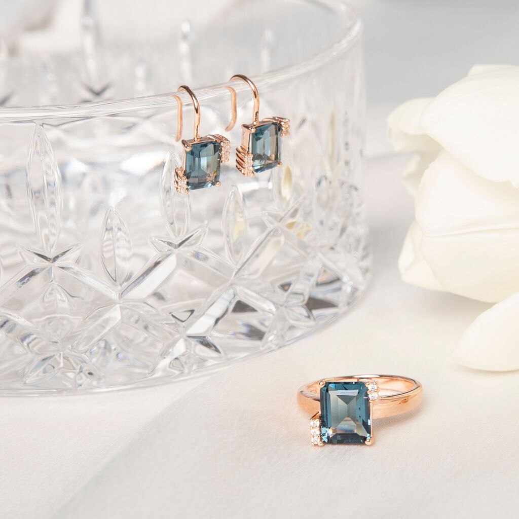 SEVERKA Damen Ohrringe Lang Silber rosevergoldet 925 Glas Londonblau Rechteckig