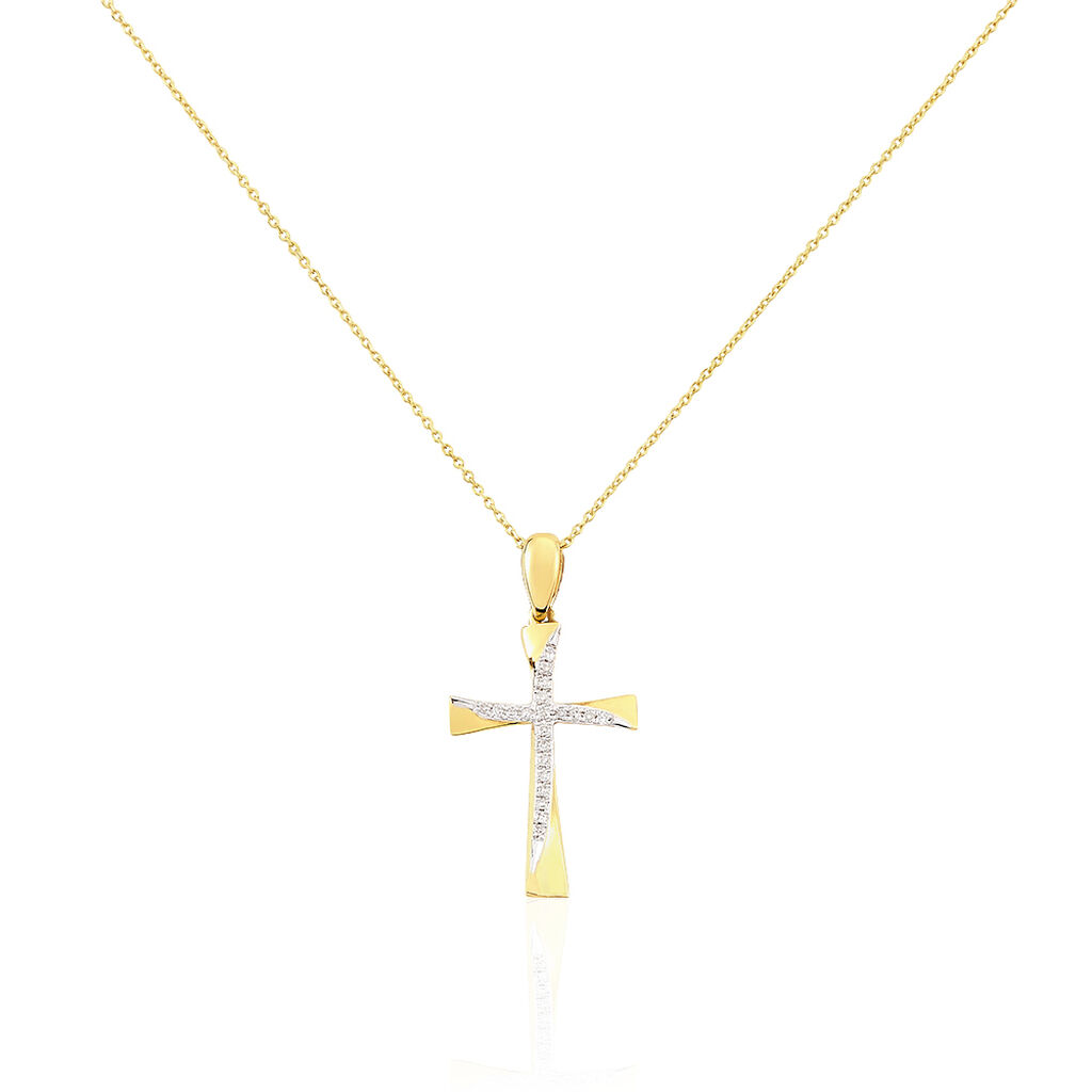 🦚 Damen Collier Gold 375 Diamant 0,05ct Religiöses Kreuz Kreuz Ho 1, Collier mit Stein