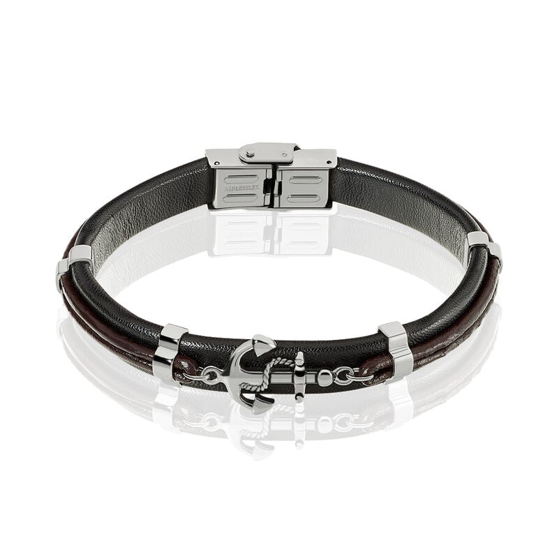 Bracelet Marino Acier Ancre Et Cuir Noir - Spannringe Herren | OROVIVO