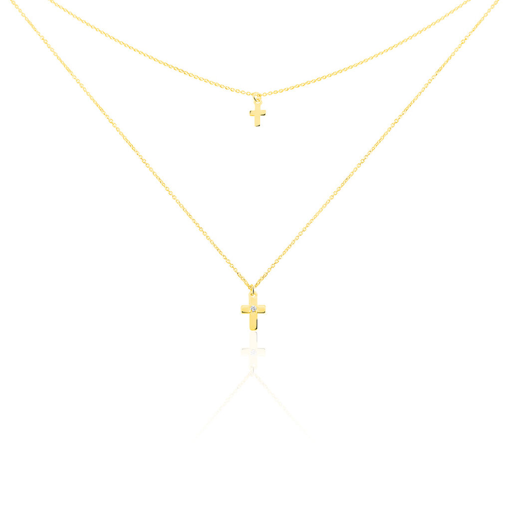 DELIA Damen Collier Gold 375 (9 Karat) Zirkonia Weiß 0,020 ct Religiöses Kreuz, Collier mit Stein