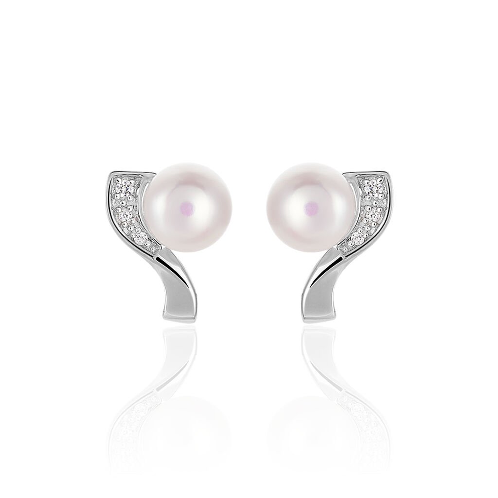 GACA Damen Ohrstecker Weißgold 375 (9 Karat) Zuchtperle Perlmutt Welle, Ohrstecker mit Stein