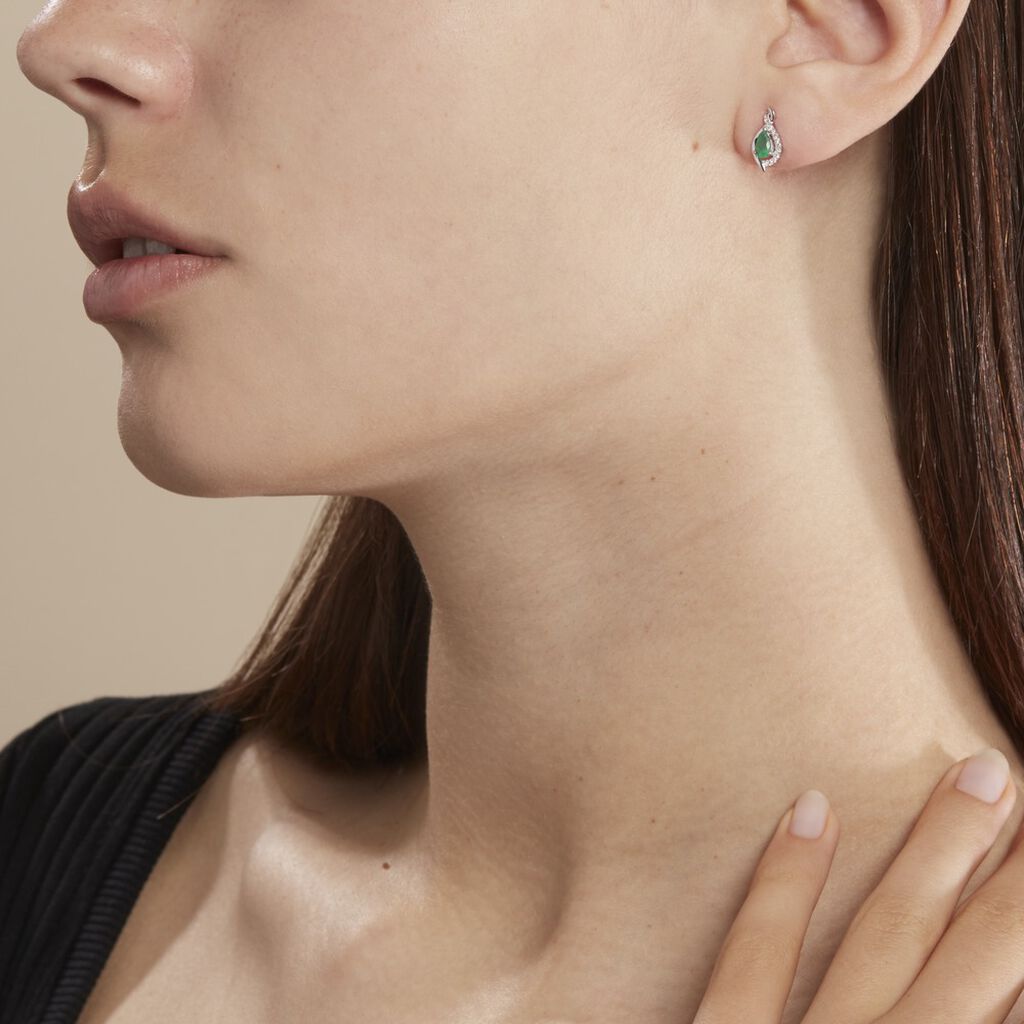 Boucles D'oreilles Puces Angelika Or Blanc Emeraude Et Diamant - Spannringe Damen | OROVIVO