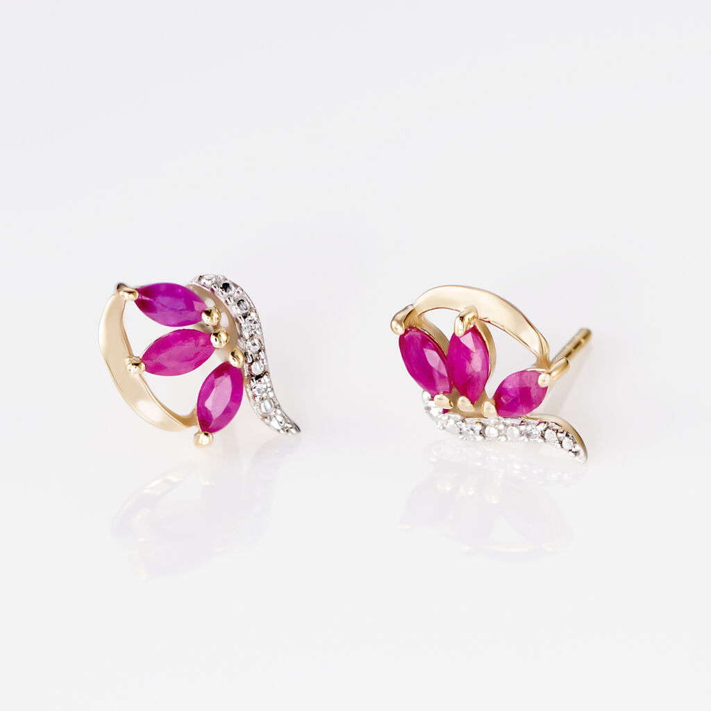 Boucles D'oreilles Puces Petale Or Bicolore Rubis Et Diamant - Spannringe Damen | OROVIVO