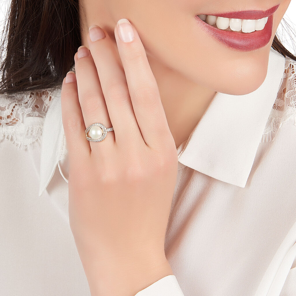 Bague Leyan Or Jaune Perle De Culture Et Oxyde De Zirconium - Spannringe Damen | OROVIVO