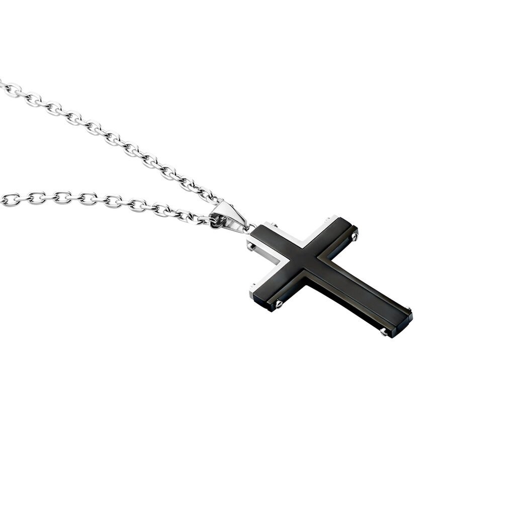 Herren Collier Edelstahl Bicolor Silber/Schwarz Religi&ouml;ses Kreuz B 3 mm