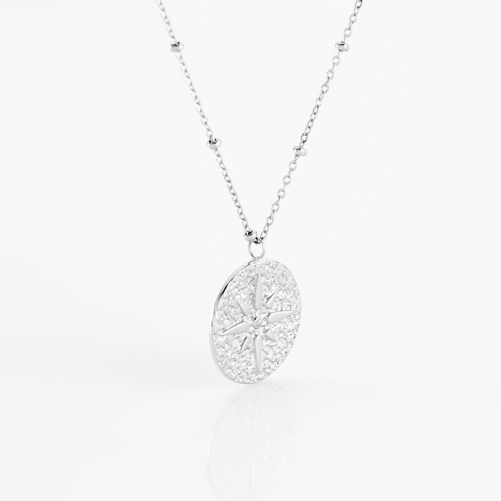 SIMONE Damen Collier Edelstahl Zirkonia Wei&szlig; Kompass B 1,2 mm