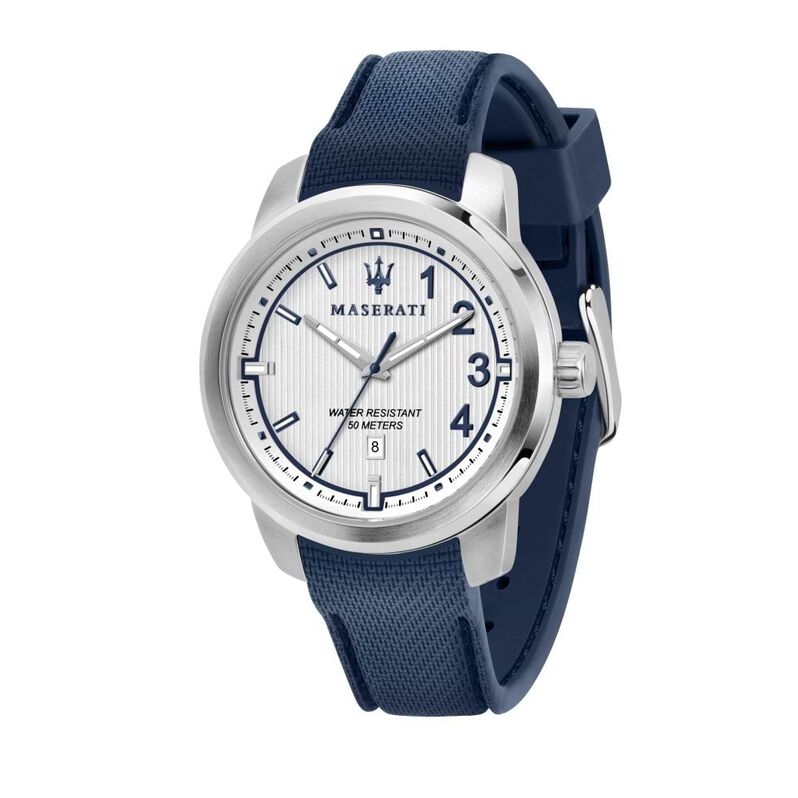 Orologio solo tempo Maserati linea Royale cinturino silicone blu e cassa acciaio - Spannringe Herren | OROVIVO