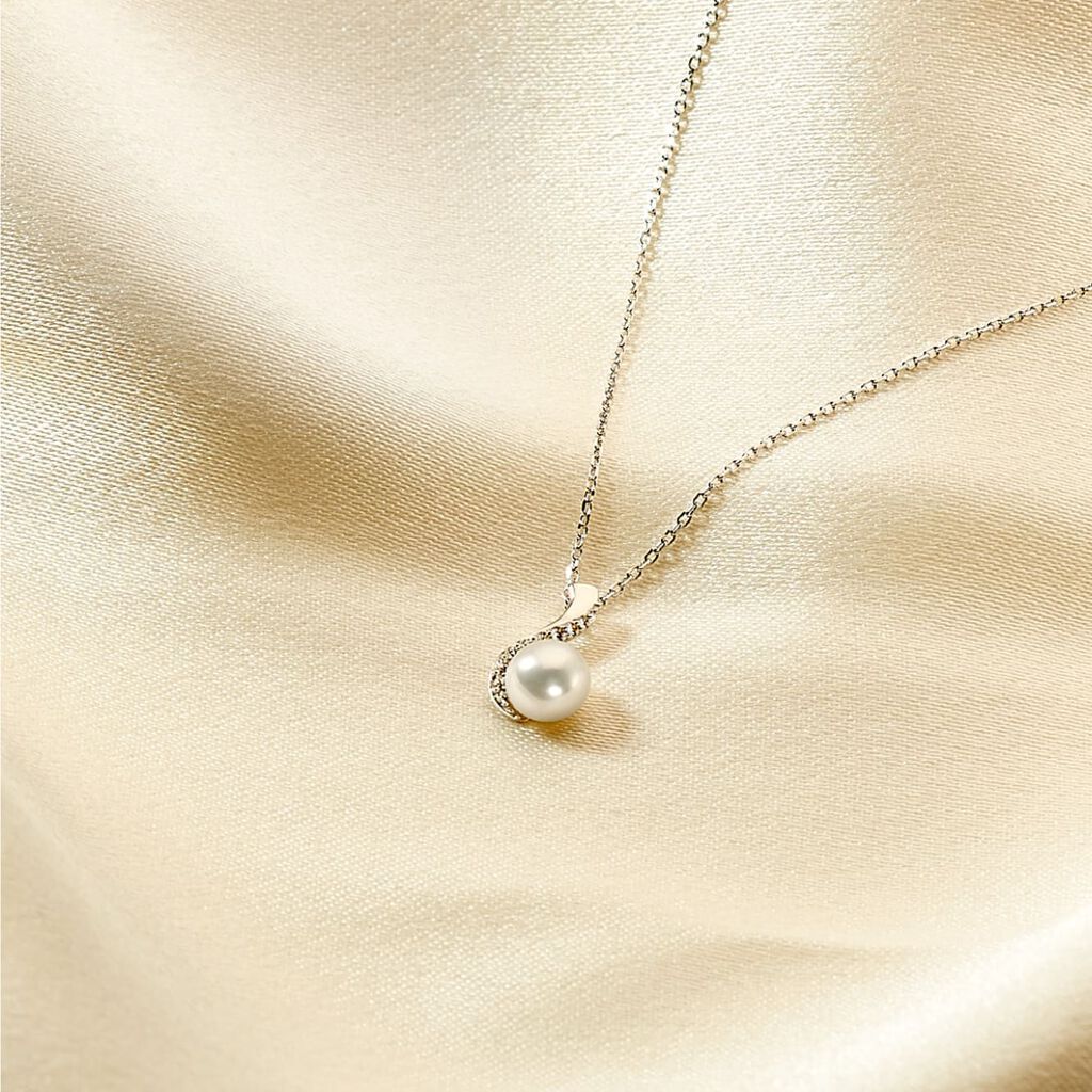 GACA Damen Collier Wei&szlig;gold 375 (9 Karat) Zuchtperle Perlmutt Welle