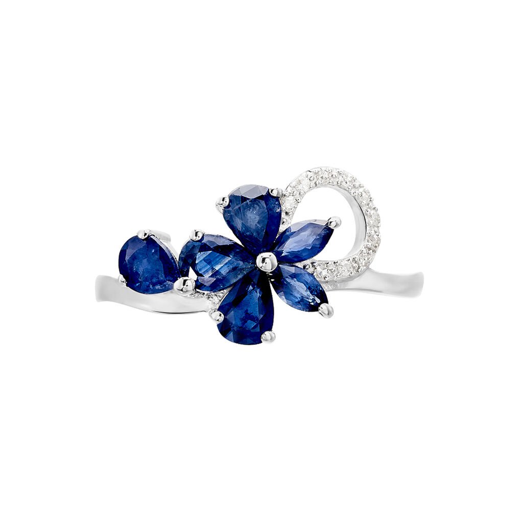 ANGIE Damen Ring Wei&szlig;gold 375 (9 Karat) Saphir Blau 0,03 ct Blume