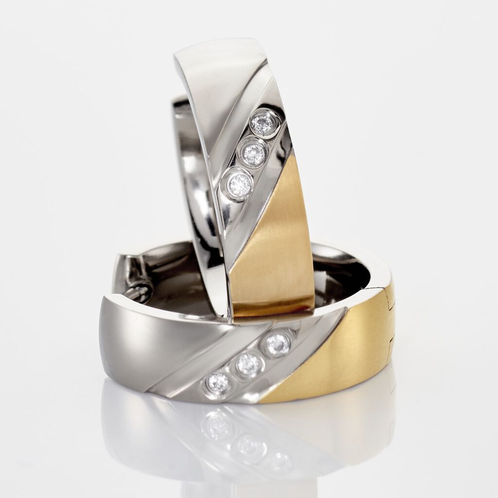 Damen Creolen Titan Bicolor Gelb/Silber Zirkonia Wei&szlig; B 5 mm