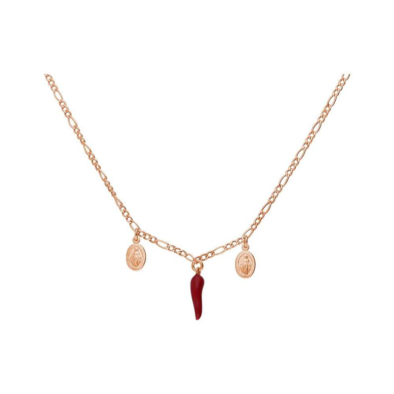 Collana in argento rosato con cornetto rosso e Madonnina pendentiGirocollo in argento rosato con cornetto rosso e Madonnina pendenti - Spannringe Damen | OROVIVO