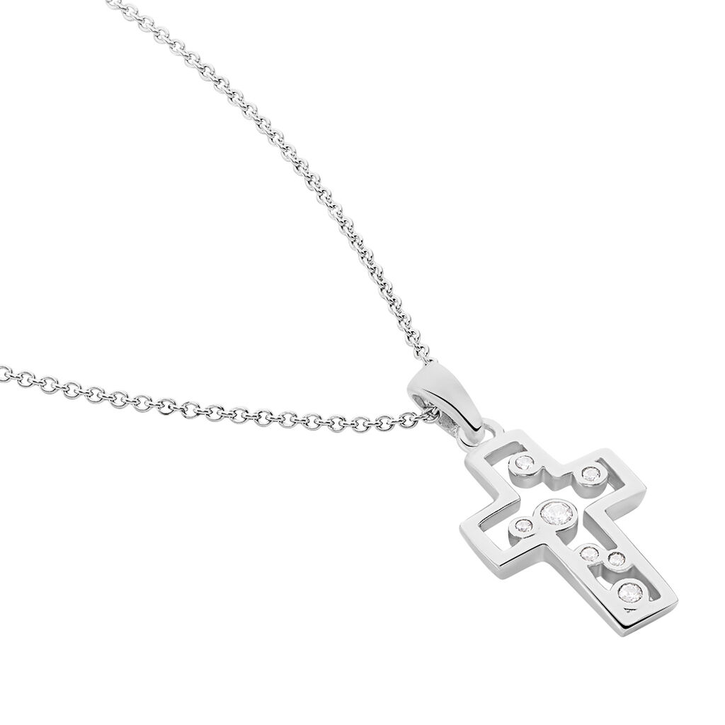 Damen Collier Silber 925 Zirkonia Wei&szlig; Religi&ouml;ses Kreuz