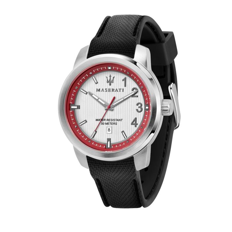 Orologio datario Maserati linea Royale cinturino silicone nero cassa acciaio - Spannringe Herren | OROVIVO
