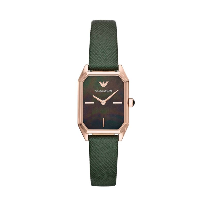 Emporio Armani orologio solotempo in acciaio gold rose e cinturino in pelle verde con quadrante nero - Spannringe Damen | OROVIVO