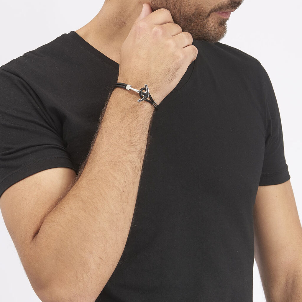 Herren Lederarmband Schwarz Edelstahl Anker -  Herren | OROVIVO