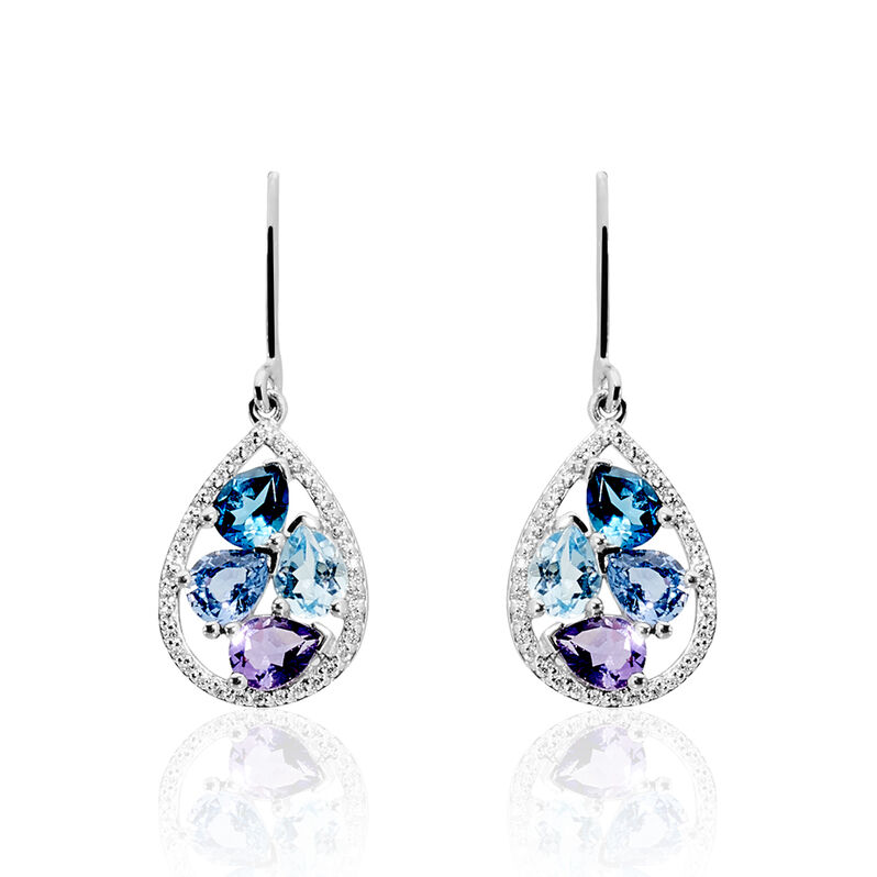 Boucles D'oreilles Pendantes Or Blanc Topaze Et Saphir - Spannringe Damen | OROVIVO